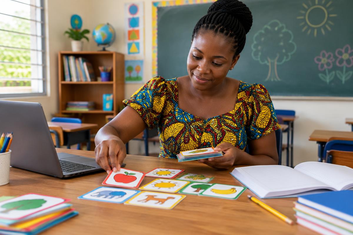 A Ghanaian teacher preparing colourful learning cards and classroom resources